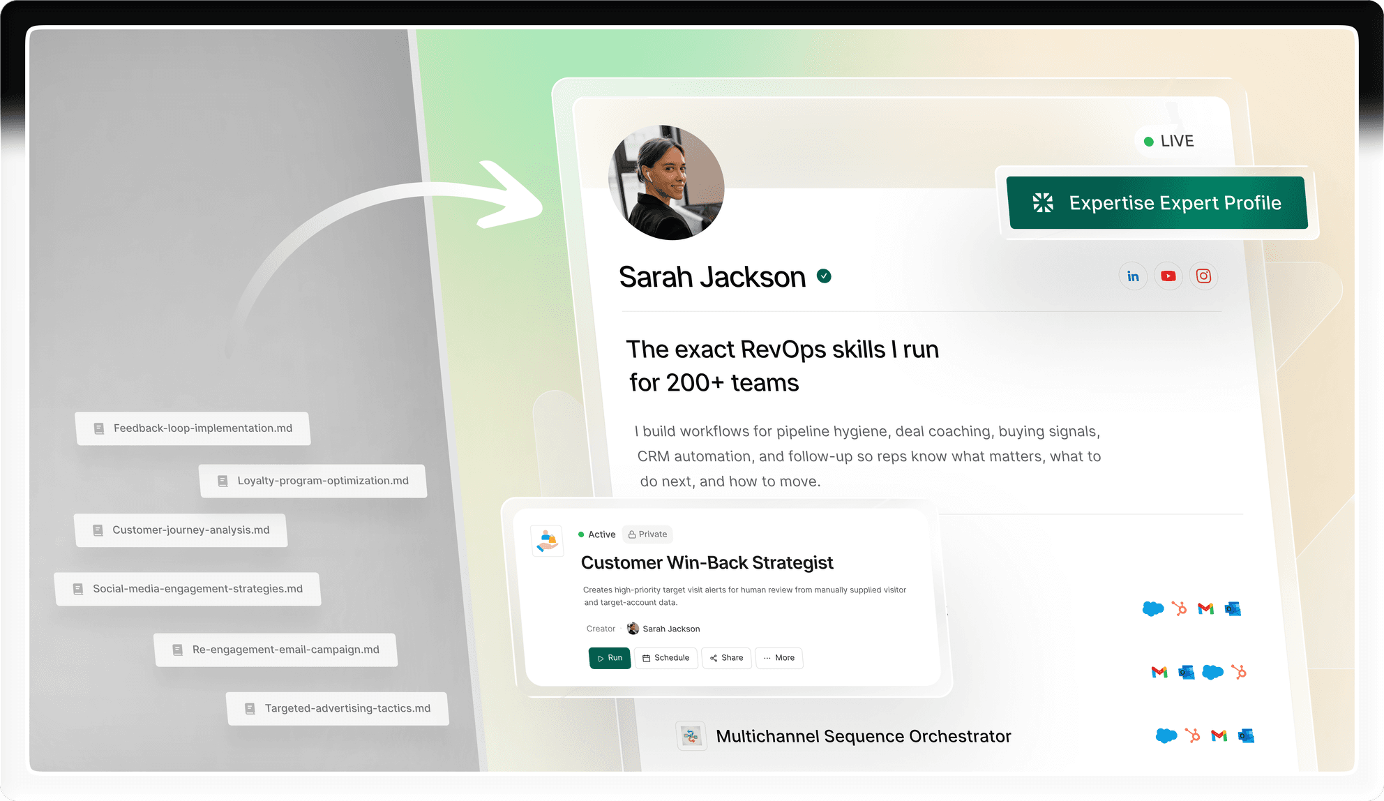 The expert dashboard: a published skill with its own page, install count, earnings, and the controls to update or unpublish it.