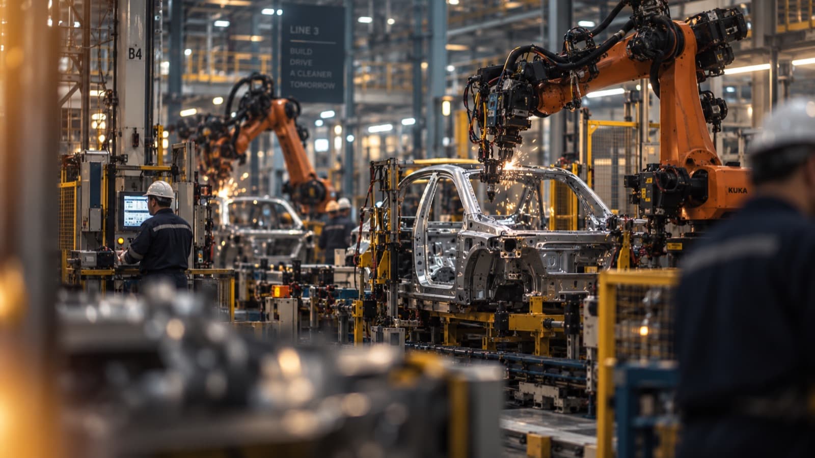 Assembly line with robotic welding cells