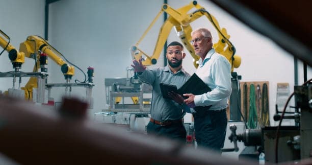 Engineers reviewing a robotic cell with a tablet