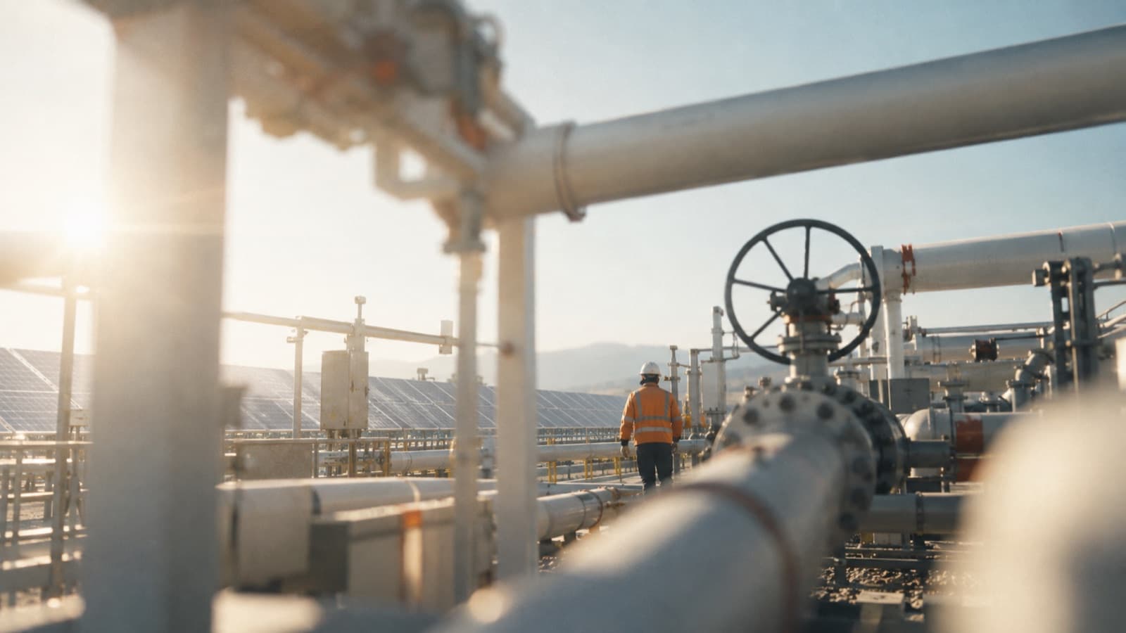 Technician walking through a gas and solar facility