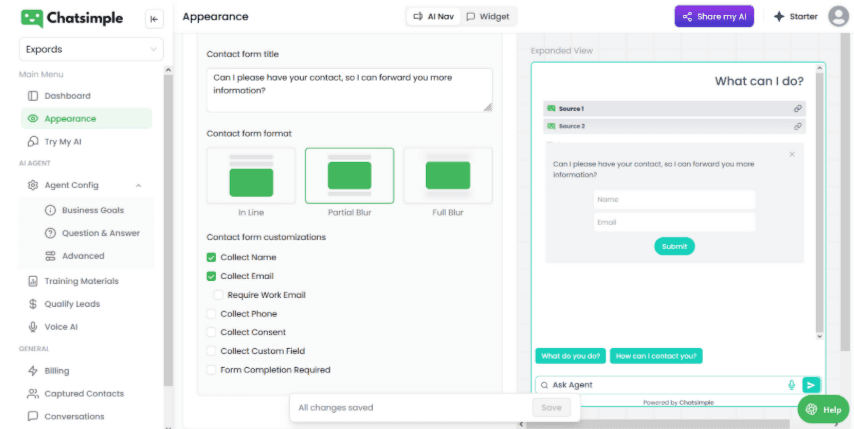 This image shows how to set up a contact form for your AI agent
