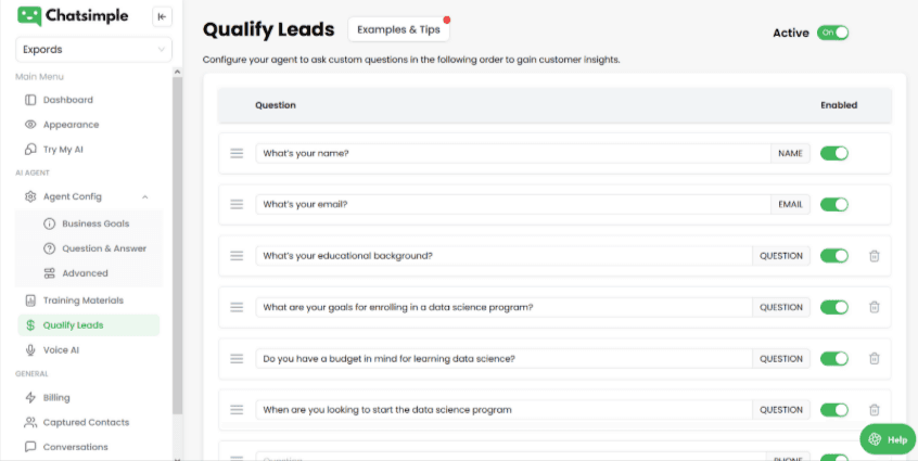 This image shows how to add qualification questions