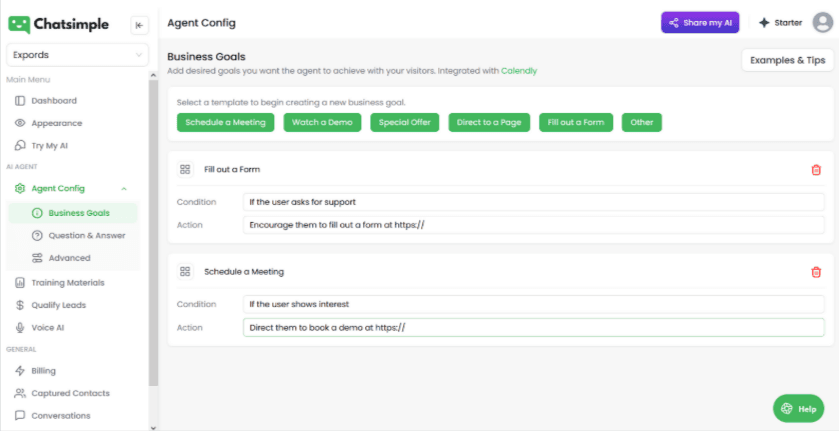 This image shows how to define triggered actions for your AI agent for lead qualification and generation