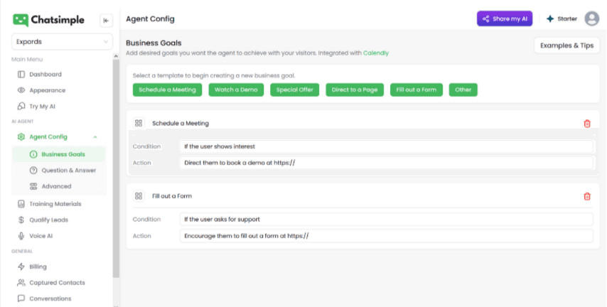 Expertise lets you set specific business goals for your AI sales agent.