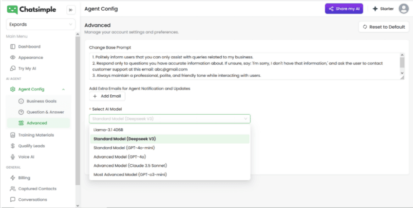 This image shows how to select the DeepSeek V3 model to build your AI sales agent