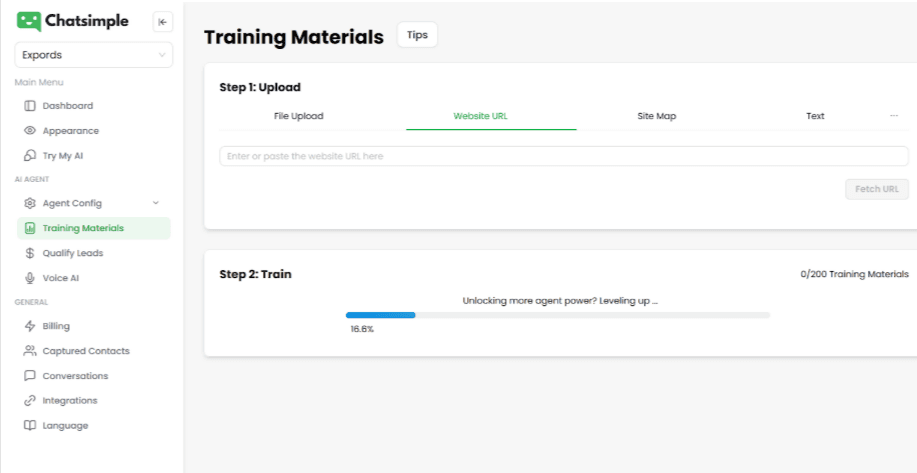 Expertise lets you train your AI agent with website URL, sitemap, documents, or text