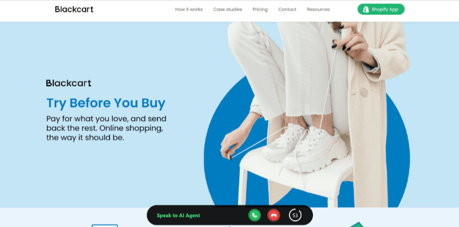 Example of an AI voice agent for sales and support that invites website visitors to engage