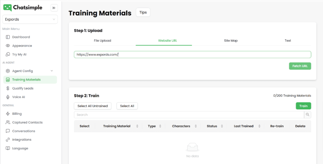 Training an AI voice agent using your website URL