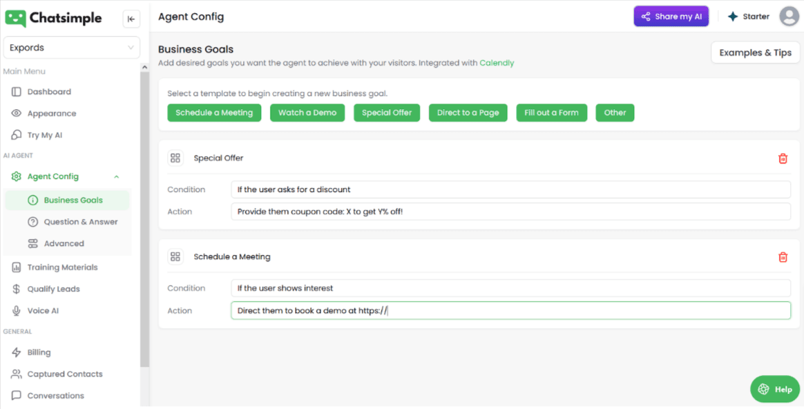 Expertise's AI sales agent lets you set CTAs for scheduling meetings or using a special offer.
