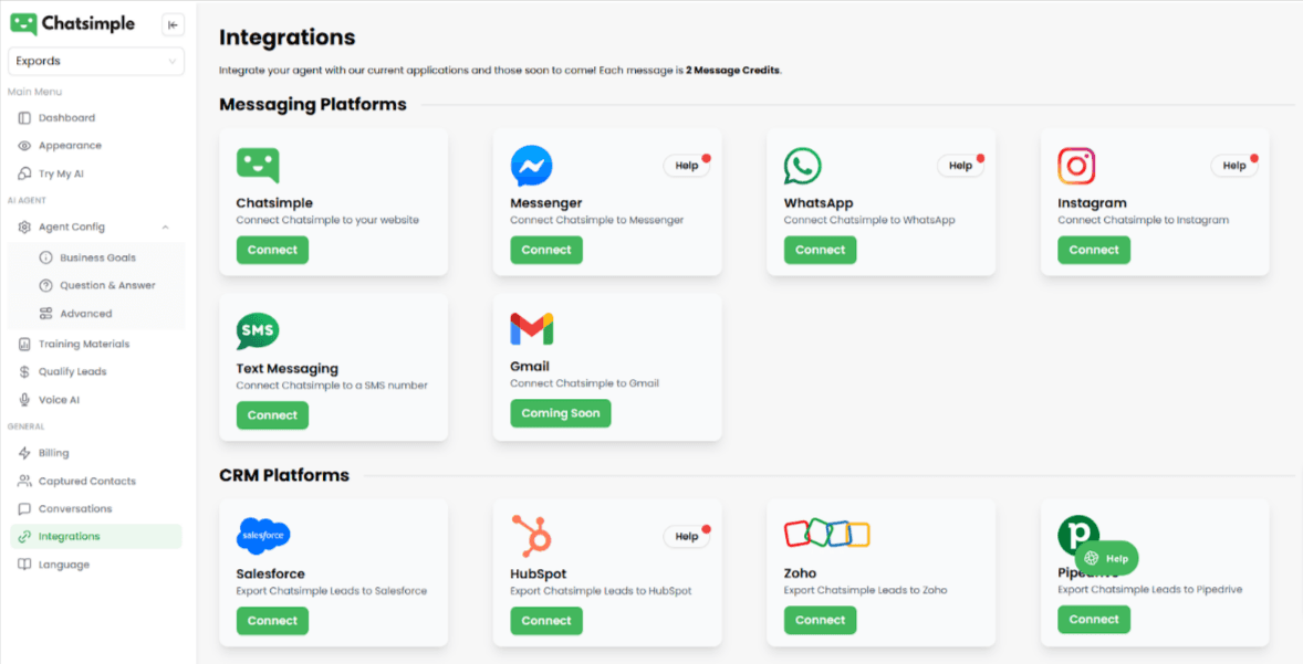 Integrations help you easily connect your AI agent to your favorite platforms