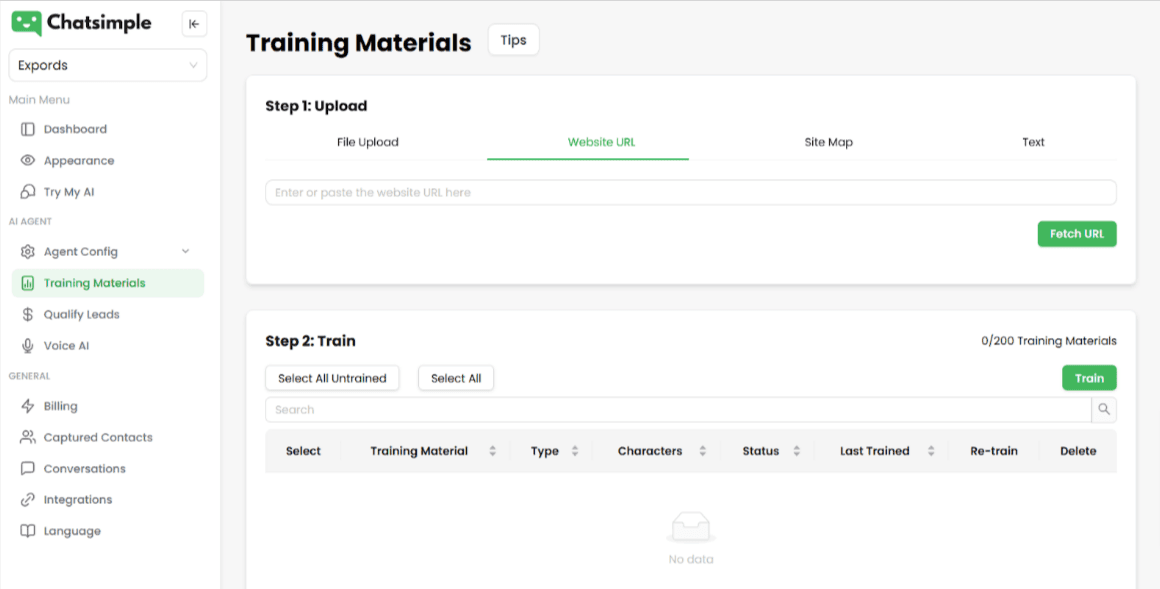 Expertise lets you train your AI agent with website URLs, documents, or simple text.