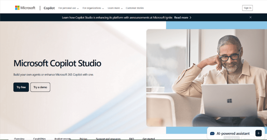 Microsoft Copilot Studio offers both no-code and pro-code agent building environments