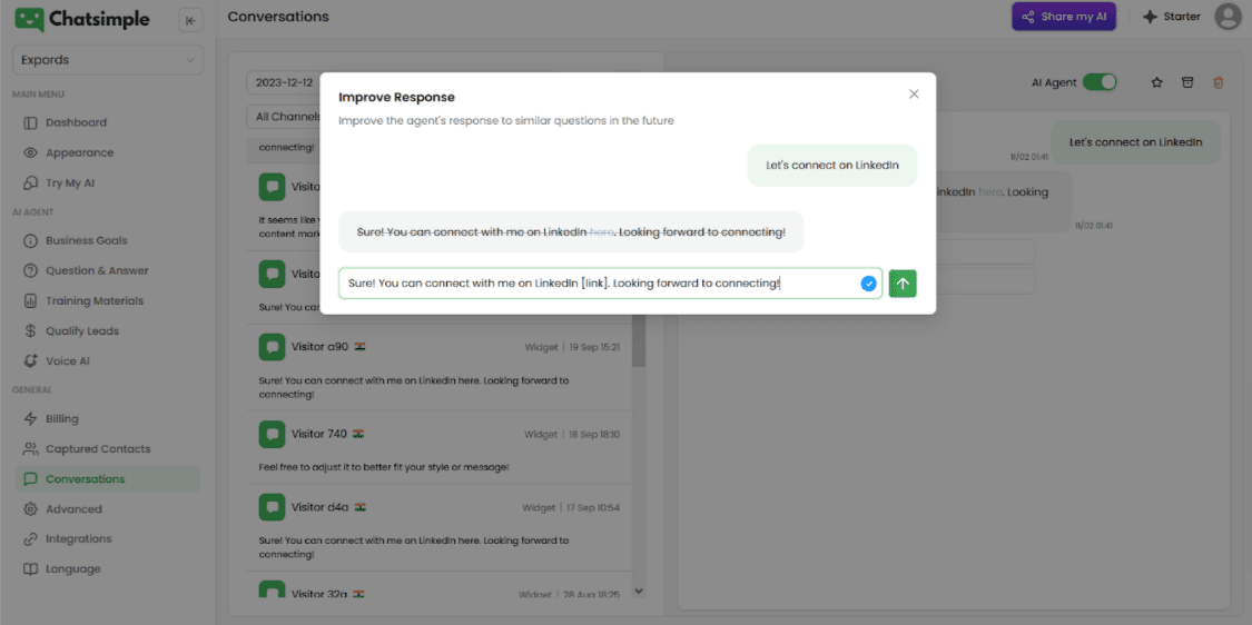 Expertise AI's AI sales agent lets you give feedback and improve agent’s response to similar questions in the future