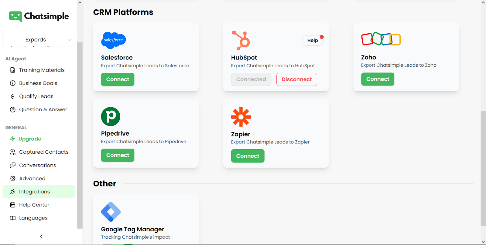 Expertise's chatbot can be integrated with multiple CRM platforms.