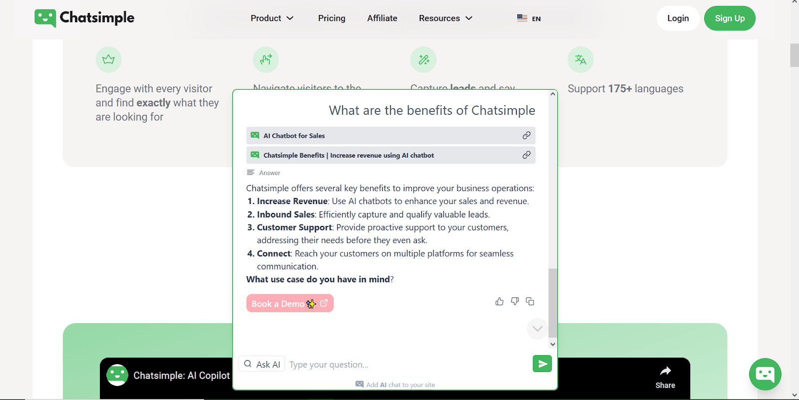 This image shows Expertise's sales agent asking a lead qualification question at the end of its response.