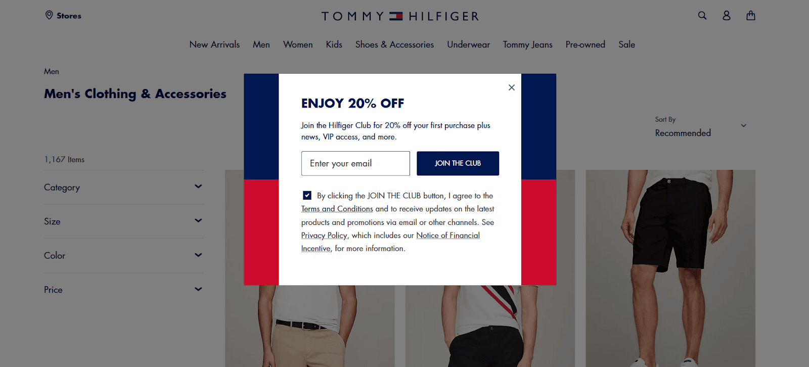 Tommy Hilfiger shows personalized pop-ups that ask first-time visitors to join their email list.