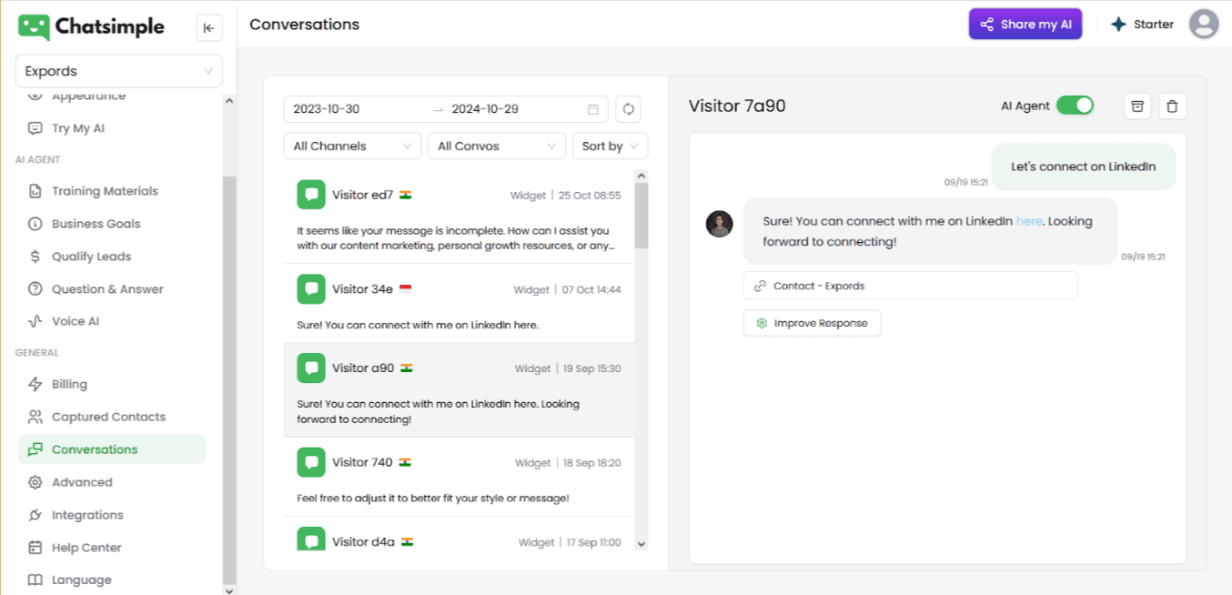 The “Improve Response” option helps you edit chatbot responses and make the bot a more effective sales and support tool.